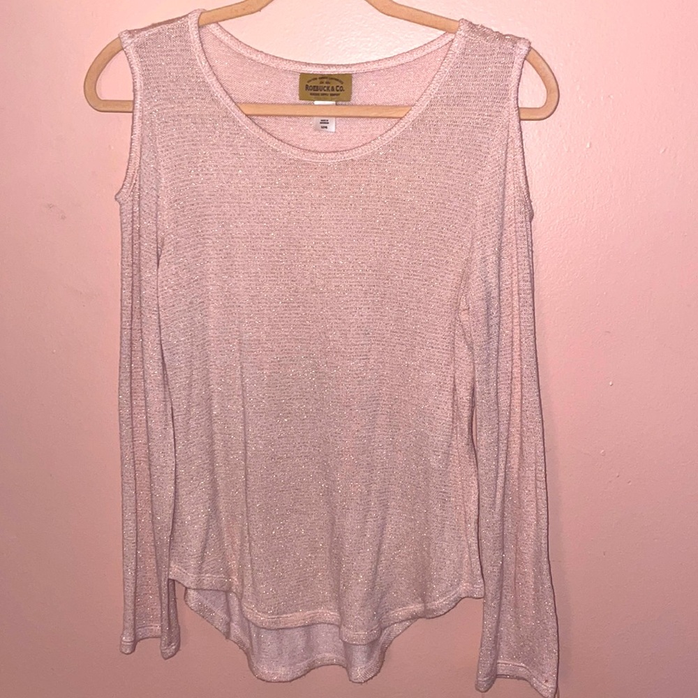Glittery Pink Girls Cut Out Shoulder Blouse